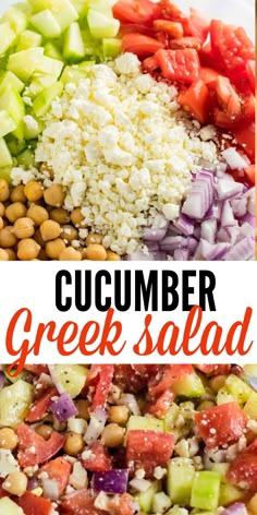 this cucumber greek salad is loaded with fresh vegetables, chickpeas and feta cheese