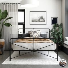 a bed sitting in a bedroom next to a potted plant on top of a table