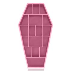 a pink shelf that has compartments in it