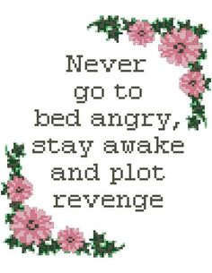 a cross stitch pattern with the words never go to bed angry stay awake and plot everyone