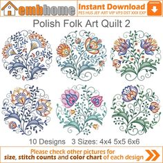 the embroidery pattern for polish folk art quilts is shown in four different sizes and colors