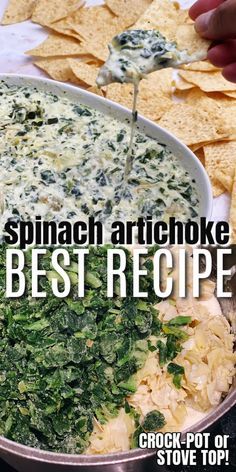 spinach artichoke dip recipe in a pan with tortilla chips on the side