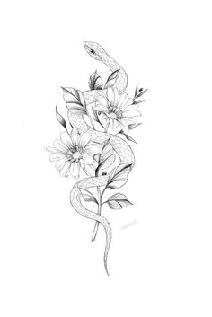 a drawing of flowers and a snake on a white background