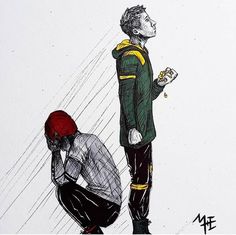 a drawing of a man kneeling down next to another man