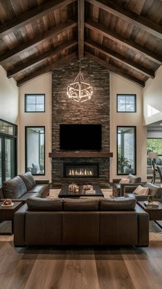 a living room with couches and a television mounted on the wall in front of a fireplace