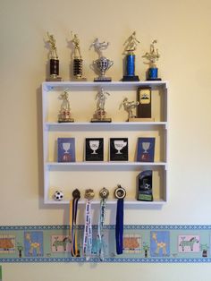 a wall mounted shelf filled with trophies and medals