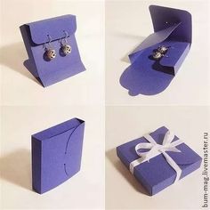 four pictures of different boxes with earrings in them, one is open and the other has a bow