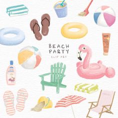 watercolor beach party clipart with flamingo, pool floater, sunbath and other items