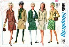 "SIMPLICITY 6685: Use this mid-1960s vintage sewing pattern for misses to sew a crisp suit of tailored jacket or blazer and A-line skirt. This is a pattern from Simplicity's \"How-to-Sew\" series. SIZE INFORMATION: Choose from the following single-size patterns: Misses Size 10 Bust 31 inches Waist 24 inches Hip 33 inches PATTERN CONDITION: COMPLETE, USED (includes instructions and all pattern pieces, which are cut and in very good to excellent used condition; includes the lesson chart \"how to c Retro Fitted Skirt Suit, Retro Long Sleeve Skirt Suit For Tailoring, Retro Tailored Long Sleeve Skirt Suit, Retro Long Sleeve Tailored Skirt Suit, Retro Long Sleeve Skirt Suit For Work, Retro Fitted Long Sleeve Skirt Suit, Sewing Skirts Women, 1960s Skirt, Trendy Sewing Projects