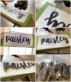 the process of making wooden letters using scissors and woodworking tools is shown in four different pictures