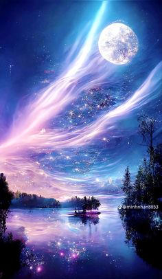 the sky is full of stars and clouds as if they were floating in the water