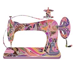 an old sewing machine with colorful designs on it's front and back sides, isolated against a white background