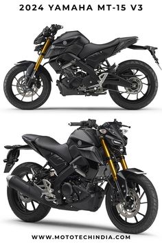 two black motorcycles side by side on a white background with the words yamaha mt - 15 v3