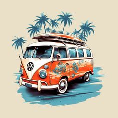 an orange and white vw bus with surfboards on top is parked in front of palm trees