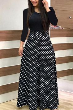 Long Dress Plus Size, Sukienki Plus Size, Color Block Maxi Dress, Causal Dresses, Banquet Dresses, Long Sleeve Print Dress, Polka Dress, Women Maxi, Long Sleeve Maxi