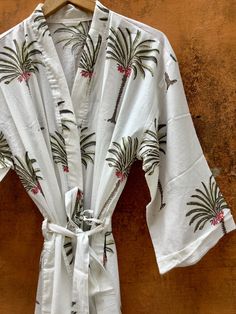 "ALL DRESSES MADE TO MEASURE -ONLY FOR YOU! ..Indian Block Print / tie- dyed kaftans robe- made to measure- all customizations happily accepted! Indian Handblock print Cotton Kimono Robe, Floral Dressing Gown,Cotton Robes, Floral Kimono Jacket, Lounge wear, Beach Kimono ,Beach Dress ,Beach Cover ups, Lounge wear...quite versatile!! Beautiful PALM TROPICAL 🌴 PRINT Hand Block Print Handmade ROBE- I have made this beautiful dress in Indian hand block print and ultrasoft premium cotton which is bre Summer Dresses With Kimono Sleeves In White, White Summer Dress With Kimono Sleeves, White Summer Dresses With Kimono Sleeves, White Maxi Dress With Kimono Sleeves For Vacation, White Kimono Sleeve Dresses For Loungewear, White Bohemian Maxi Dress With Tropical Print, White Summer Dress For Honeymoon, White Maxi Length Kimono For Vacation, White Tropical Printed Dress