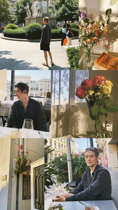 the collage shows people sitting at tables in front of buildings and flowers on display