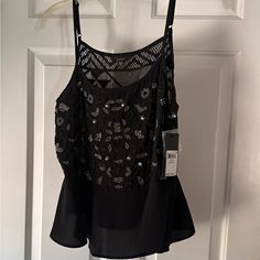 New With Tags, Never Worn. Adjustable Straps. Super Pretty Detail! Black Beaded Tops For Summer, Black Beaded Summer Tops, Summer Black Beaded Top, Top With Peplum, Burgundy Bodysuit, Gray Cheetah Print, Zipper Shirt, Formal Tops, Blue Bodysuit