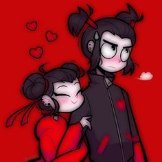 two people standing next to each other in front of a red background with hearts on it