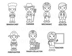 children's coloring pages with different professionss in black and white, including firefighter, farmer, mechanic, teacher