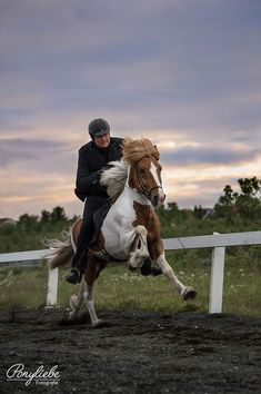 a man riding on the back of a brown and white horse