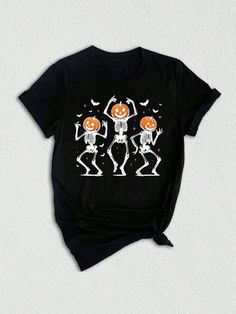 Get into the spooky spirit with our Halloween-themed t-shirts! Whether you're looking for a cute fall shirt or a retro vintage design, we have something for everyone. From dancing skeletons to pumpkin heads, our collection has the perfect tee for the spooky season. Treat yourself or surprise a friend with a fun Halloween gift that's sure to be a hit at any Halloween party. Don't miss out on our trick or treat and fright night shirts to complete your Halloween wardrobe! Get into the spooky spirit Fun Graphic Print Tops For Costume Party, Horror Graphic Print Top For Costume Party, Novelty Graphic Print Tops For Costume Party, Spooky Short Sleeve T-shirt For Costume Party, Spooky Character Print Tops For Costume Party, Fun Graphic Print T-shirt For Costume Party, Spooky Halloween Tops With Funny Print, Halloween Grunge T-shirt With Character Print, Grunge T-shirt With Character Print For Halloween