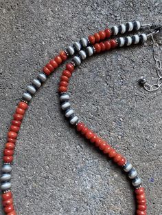 Sterling Silver Red Coral Navajo Pearls Bead Necklace 18 inch Southwestern Hand-strung Red Jewelry, Red Southwestern Hand-strung Jewelry, Southwestern Red Necklace With Polished Beads, Southwestern Style Red Necklace With Polished Beads, Southwestern Red Jewelry With Large Beads, Southwestern Style Red Jewelry With Large Beads, Red Southwestern Beaded Necklace With Large Beads, Southwestern Red Beaded Necklace With Large Beads, Red Southwestern Style Beaded Necklace With Large Beads