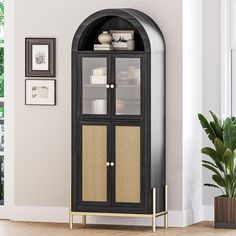 a tall black cabinet with wicker doors in a living room