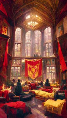 a large room filled with lots of red and yellow flags hanging from the ceiling next to windows