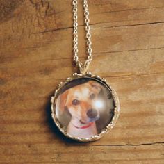 a dog's face is shown in a glass caballon on a silver chain