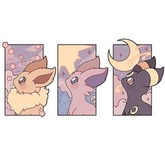 three different pictures of pokemon and their respective characters, each with an animal's head