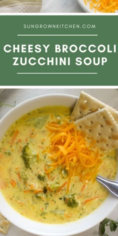 A bowl of Broccoli Zucchini Soup with cheddar cheese and crackers. Shredded Zucchini Soup Recipes, Shredded Zucchini Soup, Zucchini Soup Recipes Slow Cooker, Zucchini Cheese Soup, Zucchini Crockpot Soup, Cheesy Zucchini Soup, Zucchini Cheddar Soup, Broccoli Zucchini Soup, Zucchini And Broccoli Recipes