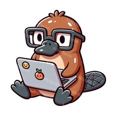 an animal wearing glasses and holding a laptop