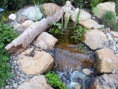 a small pond surrounded by rocks and plants in the middle of a garden with water running through it