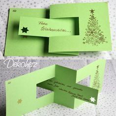 an open green christmas card with a tree on the front and bottom, which is cut out into two sections