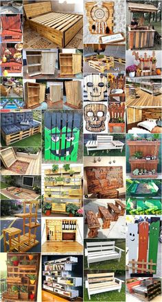 many different types of wooden pallets are shown in this collage, including crates and boxes