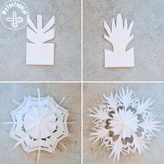 four different pictures of snowflakes on the ground and one is cut out to look like an ornament