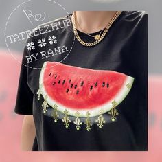 Celebrate your heritage with this unique and vibrant "Melon & Cypress Charm" t-shirt. The design features a striking printed watermelon, a beloved Palestinian symbol of resistance. What makes this piece truly special is the delicate handmade Tatreez embroidery, crafted with care and adorned with sparkling crystals that add a touch of elegance and tradition. Each stitch of Tatreez reflects centuries of Palestinian culture, art, and storytelling. The watermelon motif, paired with intricate Tatreez Sparkling Crystal, Wedding Shop, Melon, Culture Art, Labour Day, Storytelling, Watermelon, D Art, Gender Neutral