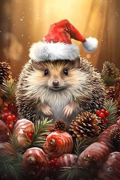 a hedgehog wearing a santa hat surrounded by christmas decorations