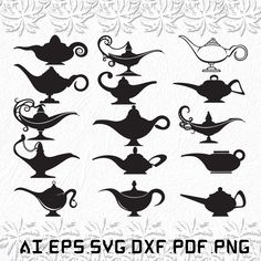 the silhouettes of teapots are shown in black and white