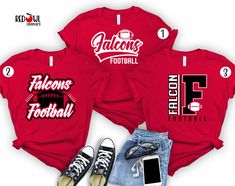 three red shirts with the words falcon football and two pairs of converses on them