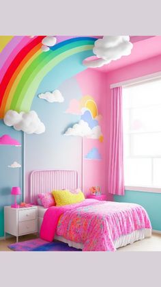 a child's bedroom decorated in pink, blue and yellow with a rainbow painted on the wall