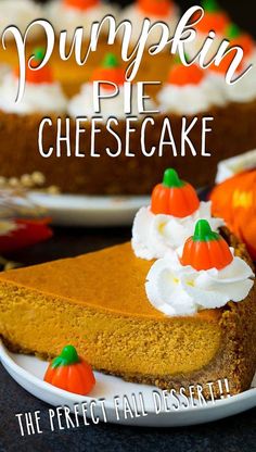 a slice of pumpkin pie on a plate with whipped cream and mini pumpkins around it