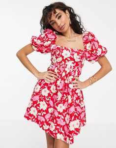 Ever New Petite open-back puff sleeve mini dress in red floral | ASOS Wardrobe Build, Floral Trends, Puff Sleeve Mini Dress, Asos Petite, Floral Shop, Forever New, Floral Style, Mini Dress With Sleeves, Dress Floral