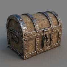 an old wooden chest with lock and key on the front is isolated against a white background