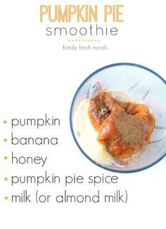 pumpkin pie smoothie ingredients in a blender on a white background with text overlay