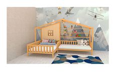 a child's room with a bed, desk and toy house on the wall