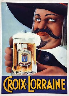 an old poster with a man holding a beer