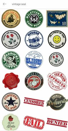 several different types of stickers on a white background with the words, vintage seal and stamps