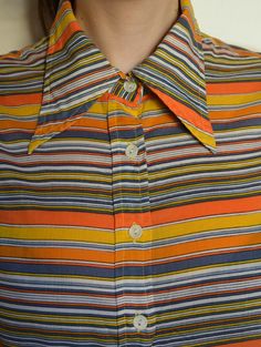 70's Striped Blouse Orange Yellow Geometric Print - Etsy Poland Orange Retro Style Relaxed Fit Shirt, Orange Retro Relaxed Fit Shirt, Retro Orange Relaxed Fit Shirt, Orange Relaxed Fit Retro Shirt, Orange Cotton Top With Retro Print, 1970s Collared Summer Shirt, Retro Cotton Tops With Striped Collar, Multicolor Cotton Top With Collared Neckline, Orange Fitted Collared Shirt